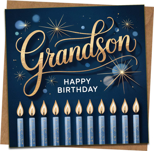 Grandson Happy Birthday Card, Blue & Gold Sparkle Candles Design, 145mm x 145mm Square Greeting Card with Kraft Envelope