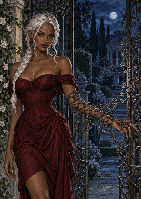 A white-haired woman in a red gown reaches toward thornlike strands at an ornate iron garden gate beneath a full moon.