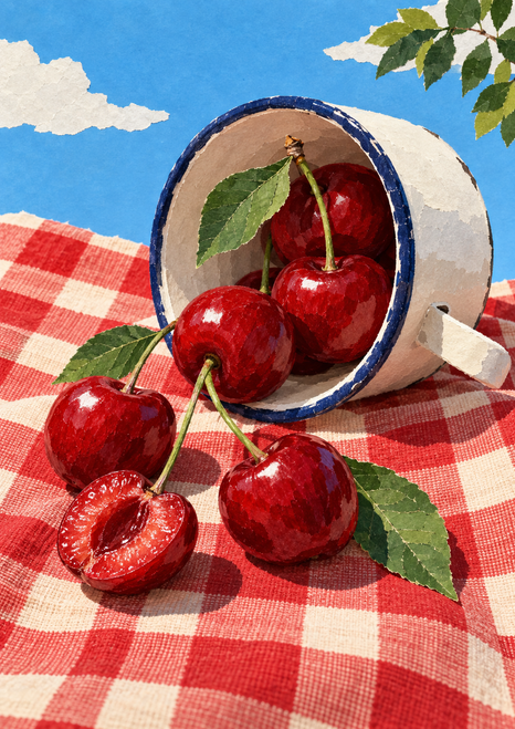 Tipped cream enamel cup with a dark-blue rim spilling red cherries onto red-and-cream checked cloth beneath blue sky.