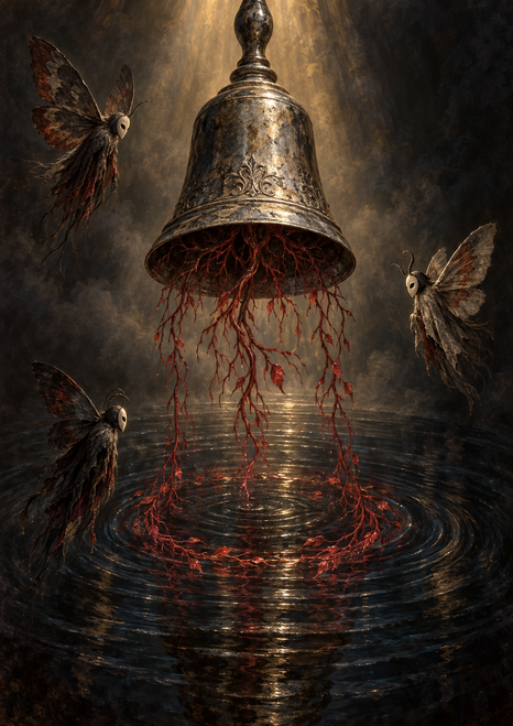 Tarnished silver bell hanging upside down over dark rippling water, with red roots and three hovering winged, mask-faced figures.