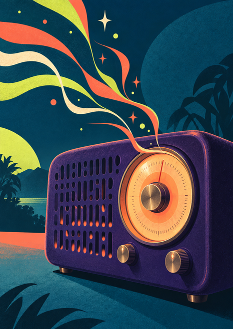 Violet tabletop radio with glowing circular dial and colorful sound-wave ribbons against a dark teal landscape.