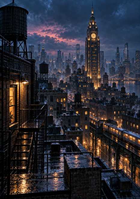 Nighttime city skyline with a bright clock tower above wet rooftops and fire escapes, a water tower at upper left, and a lit elevated line at lower right.
