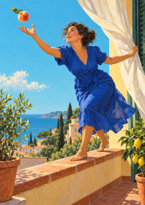 Woman in a cobalt-blue dress balancing on a tiled balcony ledge and reaching toward an airborne peach while holding a curtain.