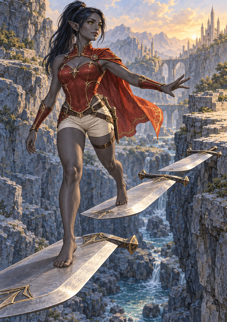 Gray-skinned, pointed-eared woman in a red cape balancing barefoot across floating blade-shaped platforms above a ravine.