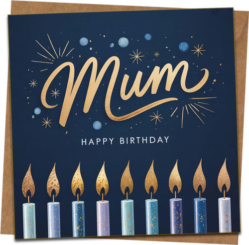 Mum Birthday Card 145mm x 145mm – Navy and Gold Candle Design – Happy Birthday Greeting Card for Mum with Kraft Envelope