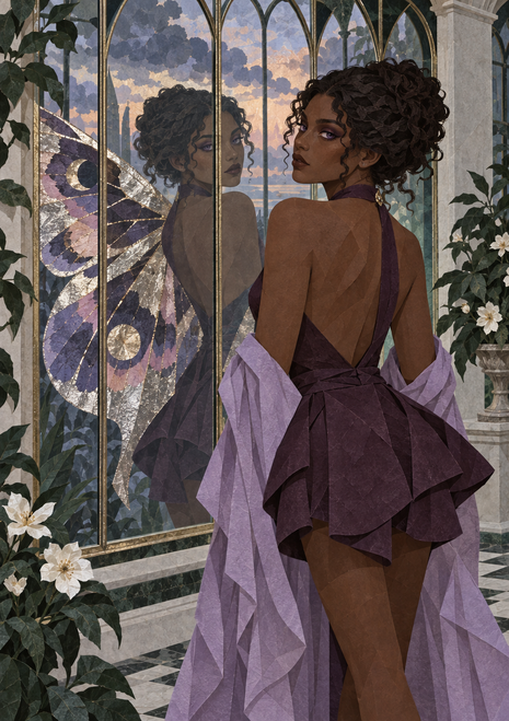 Dark-haired woman in plum and lavender beside an arched mirror showing patterned moth-like wings in the reflection.