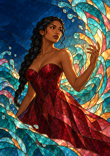 Dark-haired woman in a red gown reaching toward luminous blue, teal, and gold stained-glass-like shapes.
