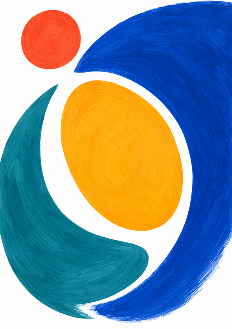 Abstract poster with a sweeping cobalt-blue arc around an amber oval, a teal crescent below, and a small coral-red disk on white.