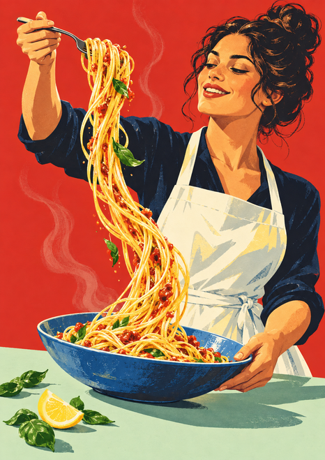 Smiling woman cook in a white apron lifting pasta with a fork over a blue bowl, with basil and lemon on a mint counter.
