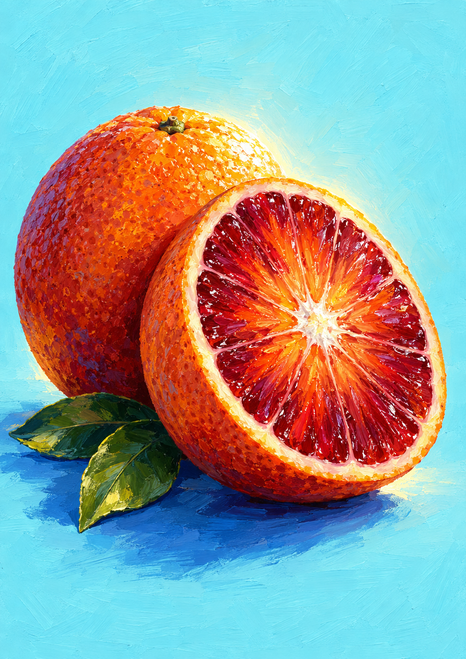 Whole orange behind an upright halved blood orange, showing crimson radial flesh, with two green leaves against a pale aqua background.