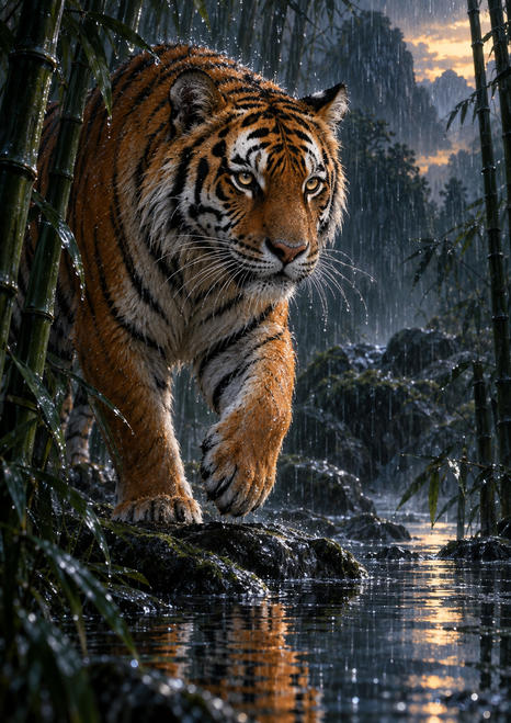 Close view of an orange-and-black tiger with one forepaw raised on wet rock in a rain-soaked bamboo grove above reflective water.