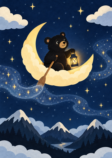Little black bear sitting on a bright crescent with a lantern and oar amid starry mist, clouds, and snowy mountain peaks.