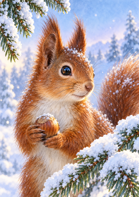 Russet red squirrel holding a snow-dusted brown nut among snow-covered evergreen branches against an icy blue and lavender background.