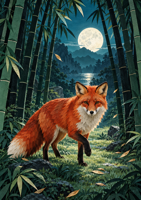 Red fox with one paw raised in a moonlit bamboo grove, framed by dark trunks and foliage.