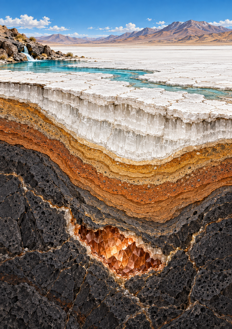 Turquoise water runs across a bright salt basin above a cutaway of layered sediment, dark rock, and copper-colored crystals.