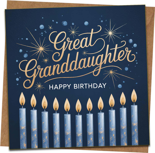 Great Granddaughter Birthday Card – 145mm x 145mm Square, Navy with Candles and Stars, Happy Birthday Text – Blank Inside – Includes Kraft Envelope