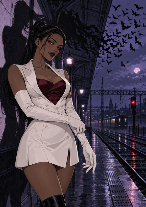 Anime-style woman in a white coat beside wet railway tracks as bats cross a purple night sky above a lit train and station lamps.