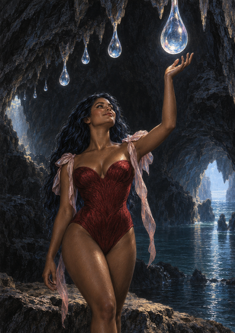 Dark-haired woman in red and sheer pink drapery reaches toward glowing droplets in a rocky sea cave.