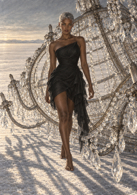 Barefoot woman in a long black dress walks across a pale landscape beneath a huge tilted crystal chandelier.