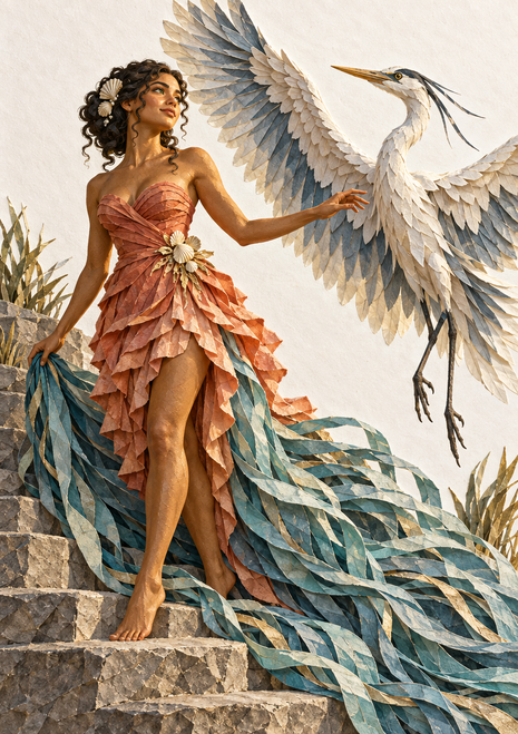 Barefoot woman in a rust-colored dress beside a large white heron with raised wings, stone steps, reeds, and flowing teal forms.