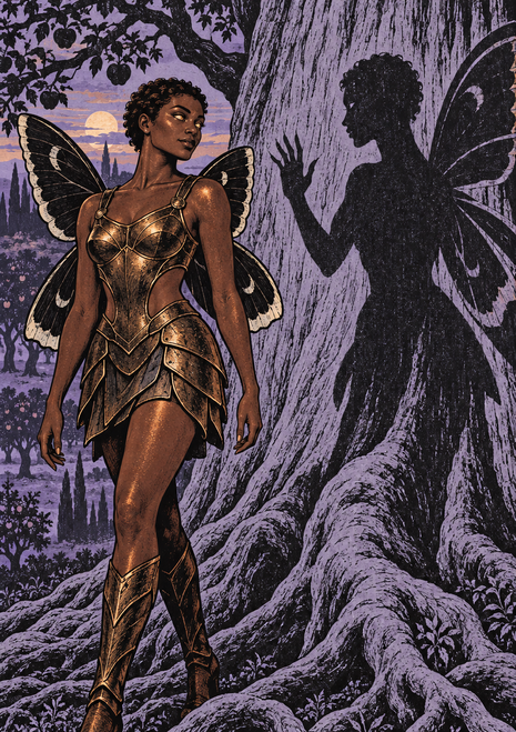 Bronze-clad winged woman beside a pale tree with a large shadow silhouette resembling a second winged figure, against a purple-orange sunset.