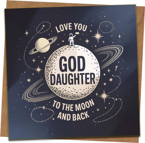 Love You Goddaughter Card – To The Moon and Back Space Astronaut Design, 145mm x 145mm Square Greeting Card with Kraft Envelope, Cute Goddaughter Birthday or Christening Card