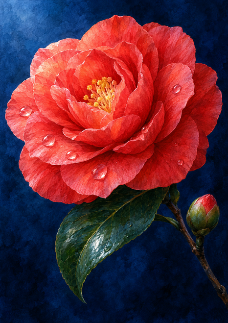 Rain-dappled coral-red camellia with yellow stamens, a glossy green leaf, and an unopened bud on deep blue.