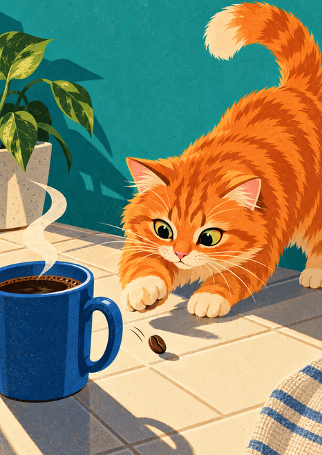 Fluffy orange cat reaching toward a small brown coffee bean beside a steaming blue mug on a tiled counter, with a leafy plant.