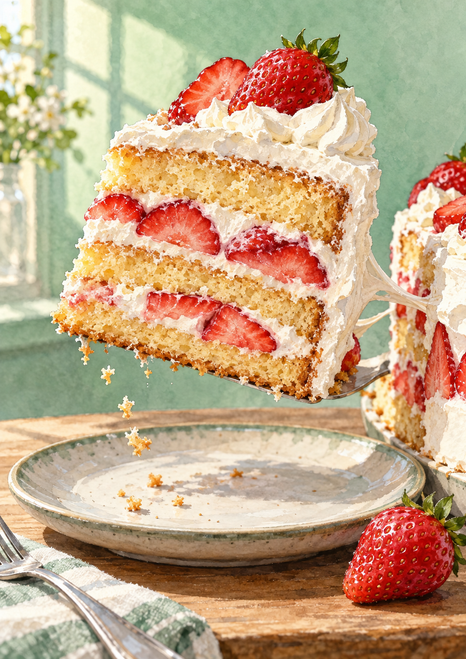 Lifted slice of strawberry layer cake with cream and berries above a plate, with crumbs, a whole strawberry, and a fork.