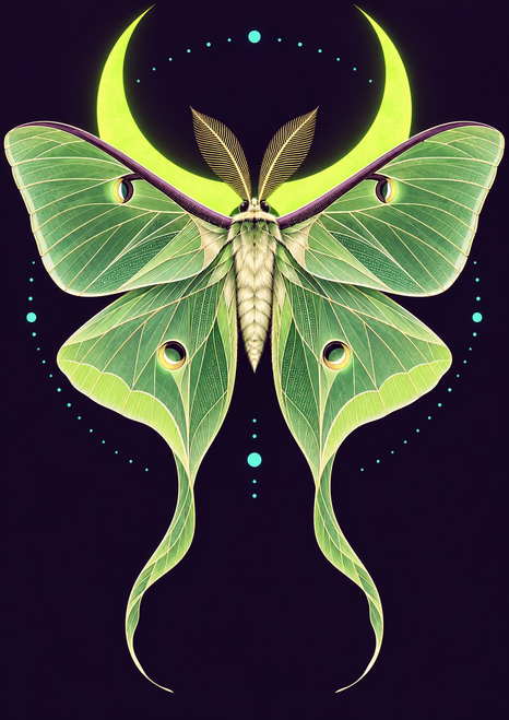 Symmetrical pale green moth-like insect with four spread wings and long tails before a bright lime crescent on a dark violet ground, surrounded by turquoise dots.