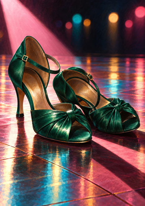 Pair of glossy emerald-green strapped dance heels on a reflective tiled floor under a diagonal pink spotlight and colorful lights.