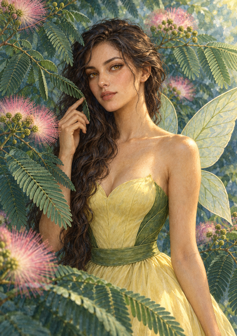 Dark-haired flower fairy with translucent wings among fern-like foliage and pink mimosa-like blossoms.