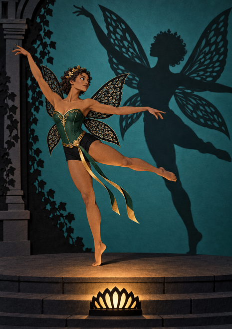 Winged woman in green and gold performing on a stone stage, with her enlarged fairy-like shadow cast across a teal wall.