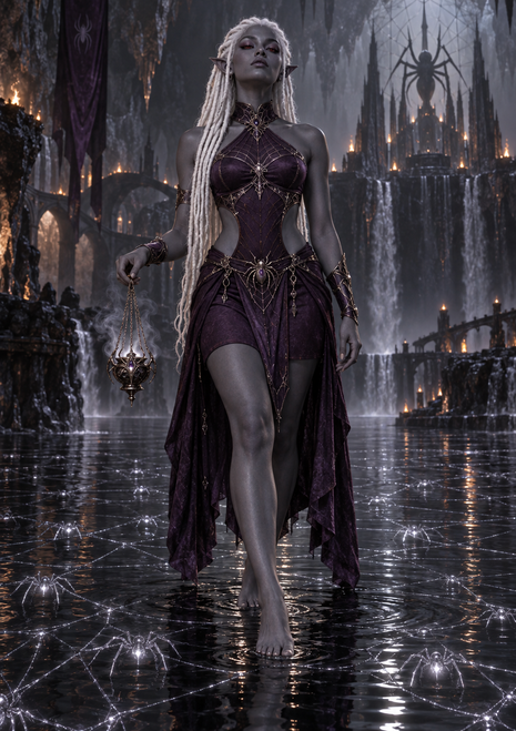 A white-braided, pointed-eared woman in ornate dark clothing walks through a flooded gothic hall with spider motifs.