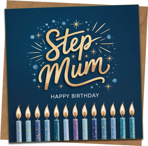 Step Mum Birthday Card – Square 145mm x 145mm, Blue Candle Design, Luxury Gold Script, Happy Birthday Greeting Card with Kraft Envelope