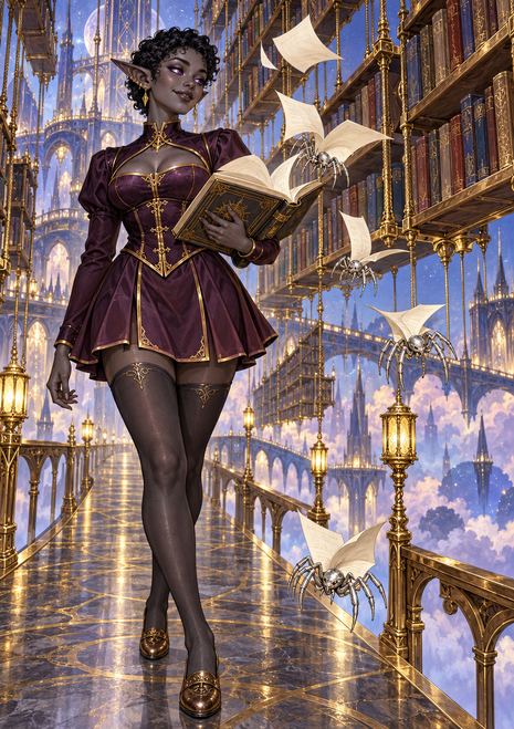 A pointed-eared woman in ornate purple clothing walks through a gilded library holding an open book as pale spider-like pages fly around her.