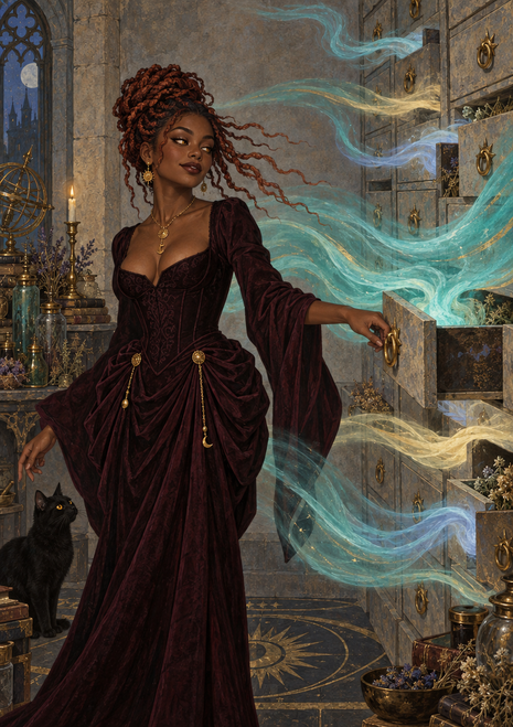 A woman in a burgundy gown stands beside stone drawers as colorful wisps sweep overhead and a black cat waits nearby.