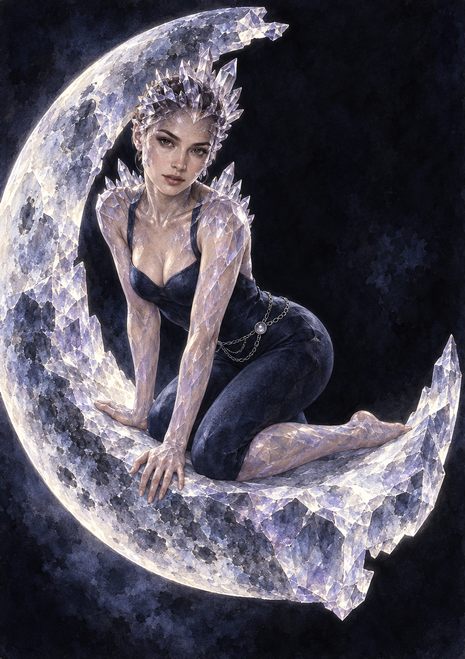 A woman in a dark outfit and spiked crystal crown kneels on a large jagged crystalline crescent against a dark background.