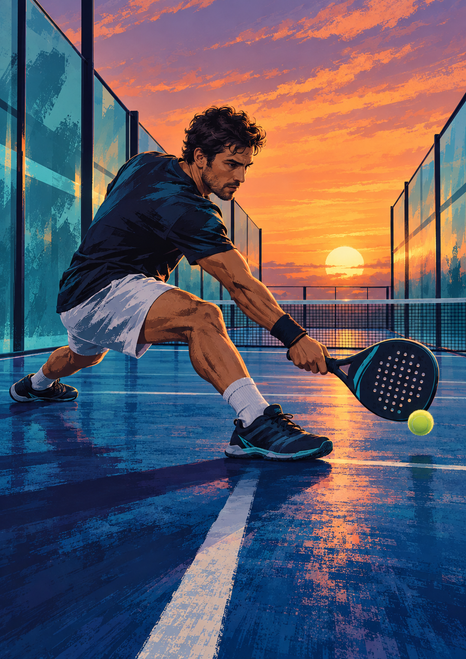 Adult padel player lunging low toward a bright ball with a perforated racket on a glass court at sunset.