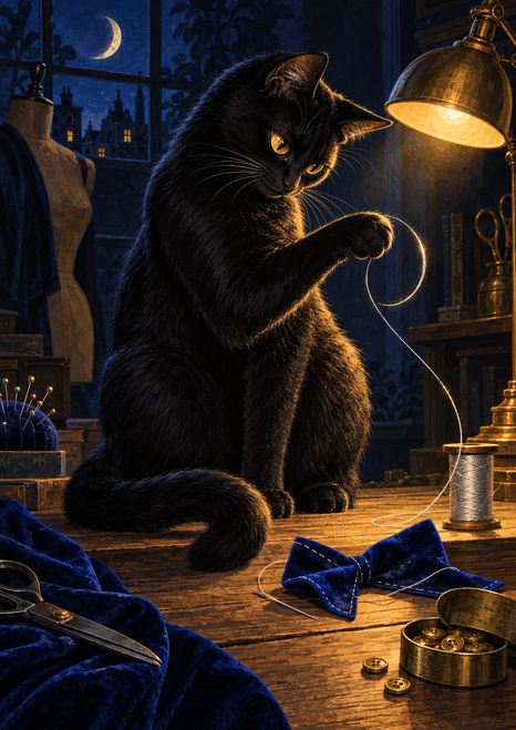 Black cat reaches toward a loop of thread at a tailor's worktable with a blue bow tie, sewing supplies, warm lamp, and moonlit window.