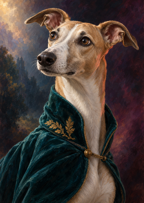 Long-muzzled fawn-and-ivory dog in a teal coat with gold leaf embroidery and brass-colored clasp, against a dark painterly background.