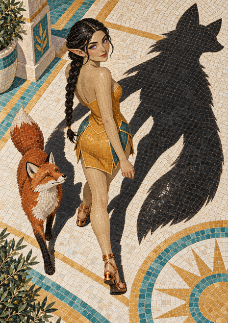 Overhead mosaic scene of a pointed-ear woman in gold walking beside an orange fox and a large fox-like shadow.