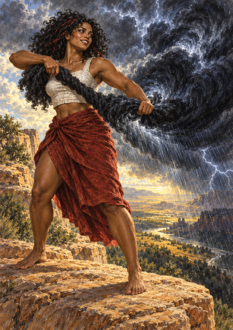 Dark-haired woman in a pale cropped top and red skirt grips a dark strand merging into a storm cloud above a sunlit landscape.