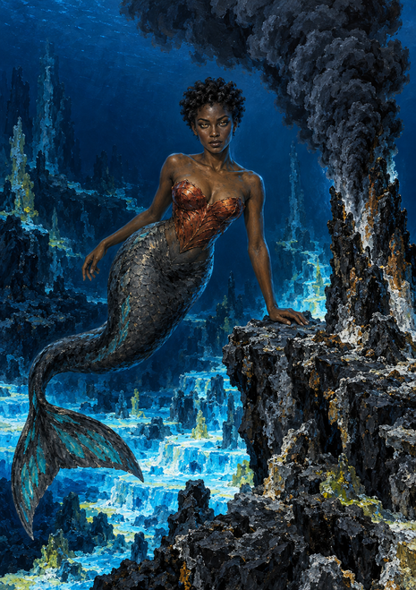 Dark-skinned mermaid with a copper-toned scaled bodice and teal-highlighted tail resting beside a dark plume in a blue-lit underwater landscape.