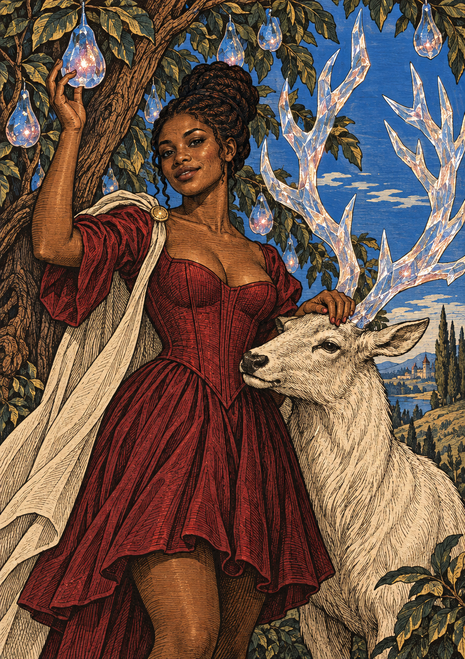 Dark-skinned woman in a burgundy dress beside a pale deer under branching crystal-like forms in a blue landscape.