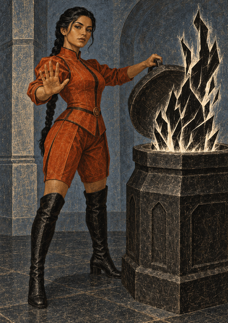 Dark-haired woman in a rust-red outfit standing beside a dark-stone basin with bright jagged forms.