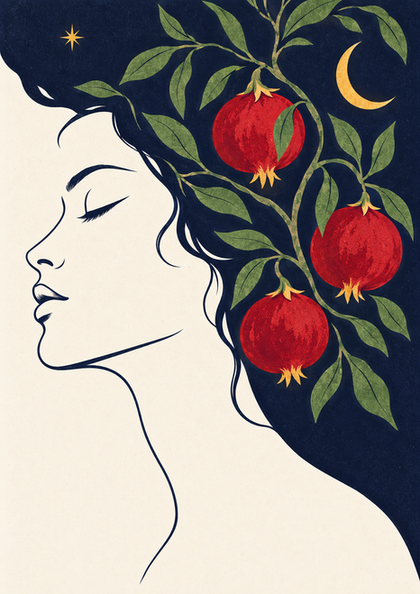 Stylized closed-eye woman’s profile entwined with leafy branches and three red pomegranates, with a crescent moon and star on a dark blue field.