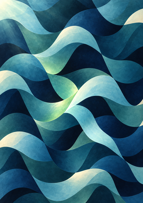 Layered undulating wave-like bands in navy, teal, blue-green, and pale aqua fill the image edge to edge.