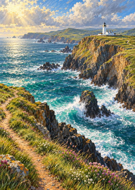 Turquoise coastal landscape with a small white lighthouse, rugged cliffs, foaming surf around dark rocks, green hills, and flowered path.