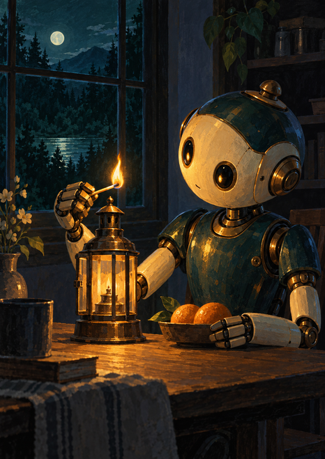 Brass-and-dark-teal automaton lighting a lantern at a wooden table beside oranges, with a moonlit forest and lake outside.